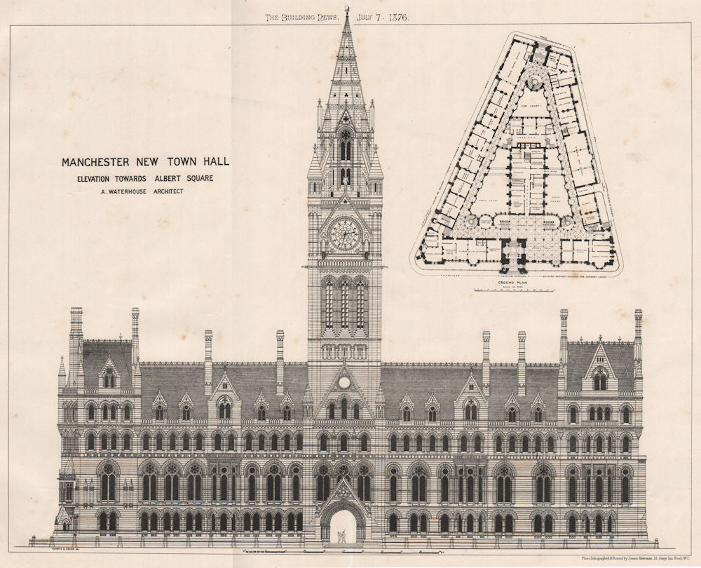Manchester New Town Hall. Elevation towards Albert Squre; A. Waterhouse 1876
